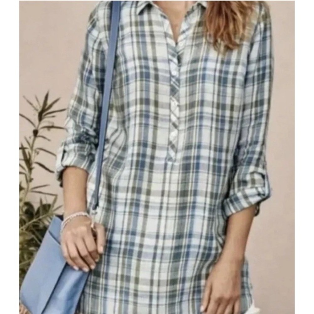 J Jill Love Linen Button Up Plaid Popover Tunic Shirt L 💯 Linen Roll Tab Sleeve - Picture 1 of 14